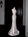 Sexy V Neck Silver Sequins Backless Mermaid Prom Dress Evening Dress Y8680