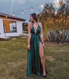 Sexy A Line Deep V Neck Floor Length Evening Dress Green Bridesmaid Dress Y4590