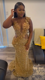 Luxurious Gold Sequins Appliques Evening Dress Mermaid Prom Dress Y7880