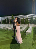 Romantic Pink Backless Sleeveless Lace Mermaid Evening Dresses with Train Y1490