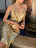 Sexy Halter V Neck Party Dress Champagne Gold Prom Evening Dress Y8211