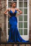 Regal Sapphire Spaghetti Straps V-Neck Backless Mermaid Prom Gown