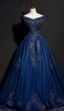 Unique Off The Shoulder Tulle Sequins Appliques Prom Dress Navy Blue A Line Evening Dress Y8377