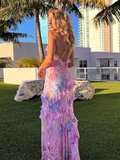 Romantic Spaghetti Straps V Neck Chiffon Print Prom Dress,Charming Evening Dress Y2306