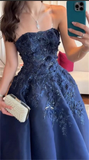 Gorgeous Navy Blue Strapless Appliques A Line Prom Dress Evening Dress Y8274