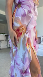 Beautiful Ruffle Graphic Floral Print Low Backless Long Prom Dress Slit Party Evening Dress Y8099