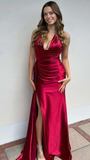 Green Halter V-Neck Ruched Bodycon Prom Dress,Long Slit Evening Gown Y8022