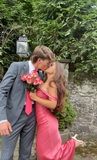 Pink Off The Shoulder Sheath Long Evening Dress Satin Prom Dress Y7908