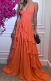 Sexy Deep V Neck Evening Dress Spaghetti Strap Sleeveless Backless Party Gown Tiered Pleated Floor Length Y4833