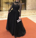 Black A-line Long Sleeves Prom Dress Black Evening Dress Y5691