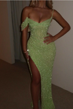 Sparkly Sage Green Sequins Off-The-Shoulder Split Prom Dress Formal Evening Gown Y7983