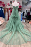 Green Strapless Floral Long Prom Dresses Green Formal Dresses Green Tulle Evening Dresses Y4640