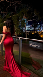 Elegant Off The Shoulder Mermaid Evening Dress Red Satin Prom Dress Y8221