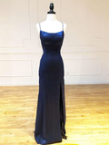 Backless Dark Navy Blue Long Prom Dresses Dark Navy Blue Formal Graduation Evening Dresses Y7432