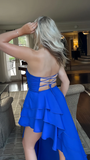 Sexy Royal Blue Long Prom Dress Strapless Ruffle Layered Party Evening Gown Y8026