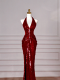Sexy Burgundy Sequins Halter V Neck Evening Dress Backless Mermaid Evening Dress Y8628