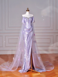 Glitter Lilac Sequin Tulle Beaded Mermaid Slit Evening Dress Off The Shoulder Tulle Appliques Prom Dress Y8632
