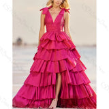Rose Pink V Neck Sleeveless Slit Evening Dress Female Formal Party Prom Gown