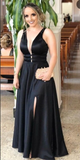 Classic Black V Neck A-line Prom Dress Black Evening Dress Y6425