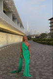 Unique Green One Shoulder Satin Long Evening Dress Formal Prom Dress Y8489