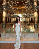 Elegant Spaghetti Straps V Neck Party Dress Mermaid Ruffle Prom Evening Dress Y8172