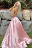 Simple Pink A-Line Satin Party Dress Side Slit Prom Dress Evening Dress Y8563