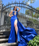 Gorgeous Royal Blue Satin Beaded Mermaid Evening Dress Long Slit Prom Dress Y8526