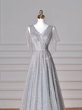 Sparkly Gray Tulle Sequins A Line Prom Dress Sexy V Neck Evening Dress Y8638