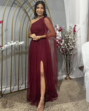Pretty Burgundy One Shoulder Tulle Sequins Evening Gown Slit Prom Dress Y7826