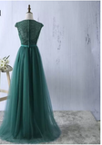 Green tulle lace top round neck long evening dresses simple formal dress S6796