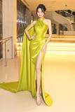 Gorgeous Green Halter Satin Slit Mermaid Prom Dress Long Evening Dress Y8562