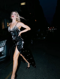 Charming Black Satin Beaded Slit Prom Dress Spaghetti Straps Sheath Evening Gown Y8229