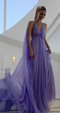 Simple Purple V Neck Tulle Prom Dress Long Evening Gown Y7774