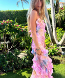 Romantic Spaghetti Straps V Neck Chiffon Print Prom Dress,Charming Evening Dress Y2306