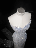 Glamorous Blue Strapless Sequins Beaded sheath Long Prom Dress Evening Dress Y8654