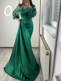 Dark Green Mermaid V Neck Satin Evening Dress Long Sleeves Y6109