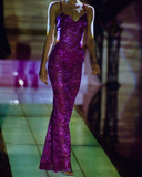 Sexy Lace Mermaid Prom Dress Spaghetti Straps Purple Evening Gown Y8204