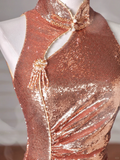 Classy Rose Gold Sequin Mermaid Long Prom Dress Backless Evening Dress Y8635