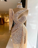 Sparkly Sequin Evening Dress Side Slit Prom Dress One Shoulder Tassels Custom Made Y6411