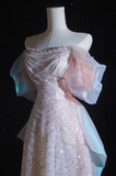 Pink A-Line Off-Shoulder Tulle Sequins Beaded Long Prom Dress Formal Evening Dress Y8050