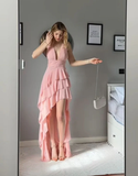 Sexy Deep V Pink Tiered Evening Dress Chiffon Prom Dress Y8062