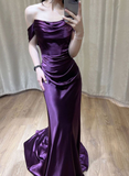 Purple Satin Off Shoulder Long Evening Dress Satin Prom Dress Y7440