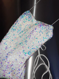 Sparkly White Spaghetti Straps Sequins Prom Dress Mermaid Slit Tassel Evening Dress Y8648