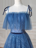 Pretty Blue Spaghetti Straps Tulle Sequins A Line Prom Dress Evening Dress Y8634