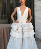 Classy Deep V Multi-Layered Satin A Line Evening Dress White Formal Prom Dress Y8145