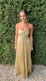 Women's Metallic Strapless Gold Long Evening Dress Y2803