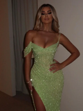 Sparkly Sage Green Sequins Off-The-Shoulder Split Prom Dress Formal Evening Gown Y7983