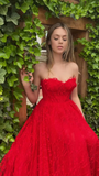 Elegant Red Lace Prom Dress Sweetheart Neck Side Slit High Waist A Line Formal Wedding Party Evening Dress Y4909