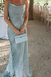 Spaghetti Straps Blue Tulle Pleated Evening Dress Elegant Prom Dress Y8195