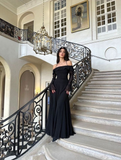 Chic Black Long Evening Dress Black Formal Gown with Bell Sleeves Y4357